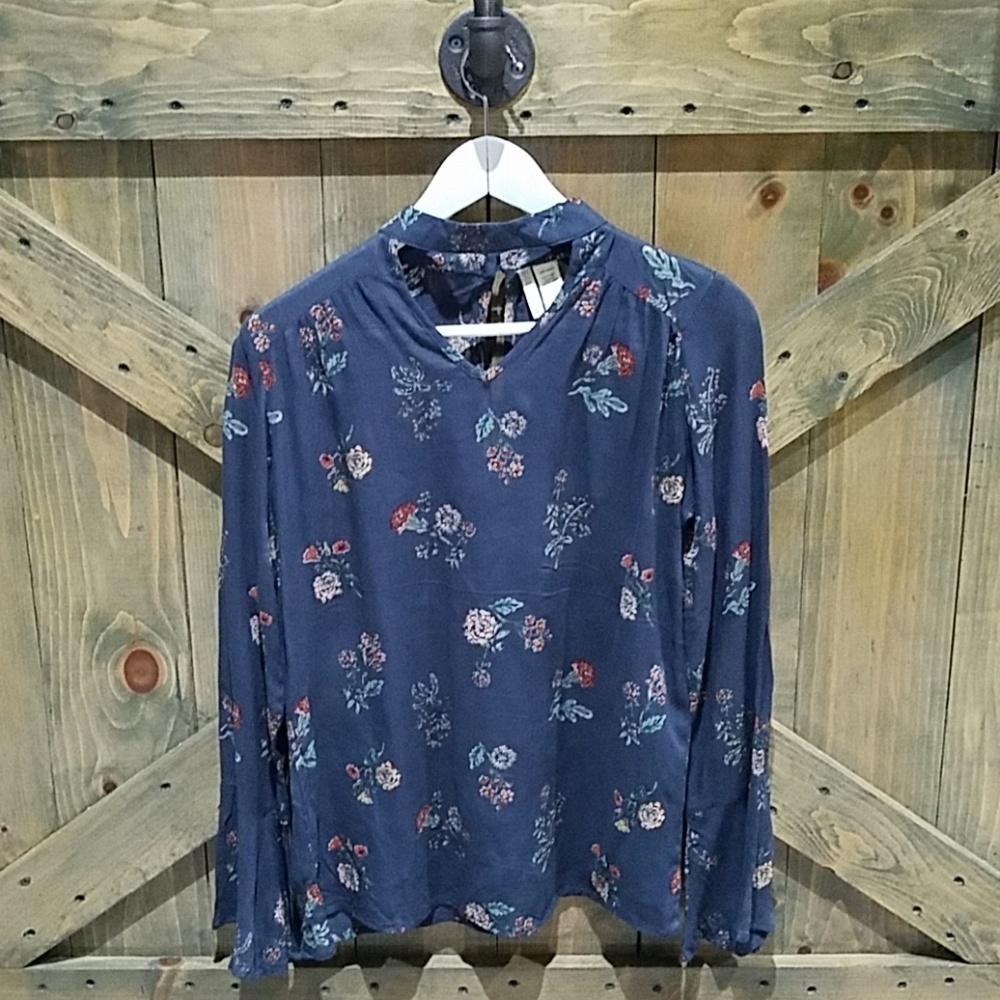 BLUE FLORAL BLOUSE WITH TULIP CUFFS LONG SLEEVE